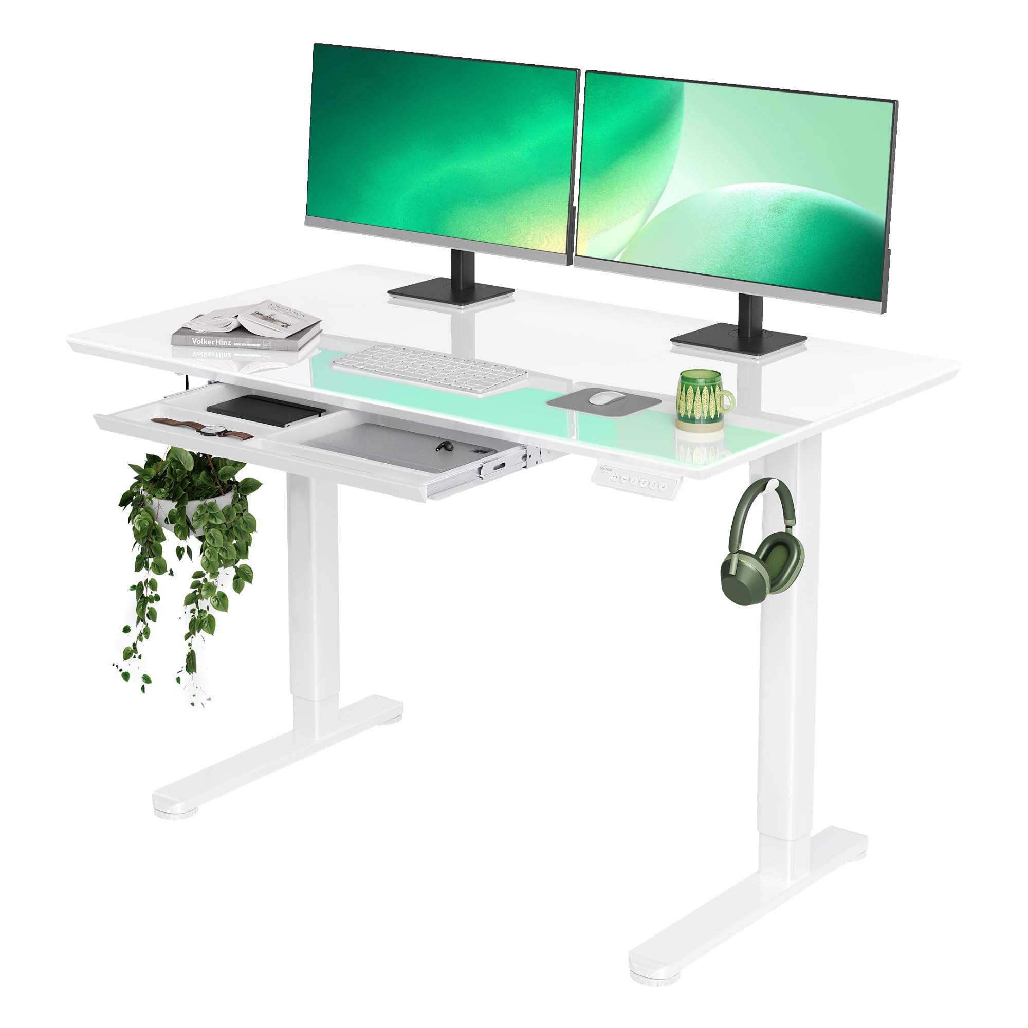 INNOVAR Glass Standing Desk with Drawers, 48  24 Inch Adjustable Stand Up Desk Quick Install Home Office Computer Desk, White