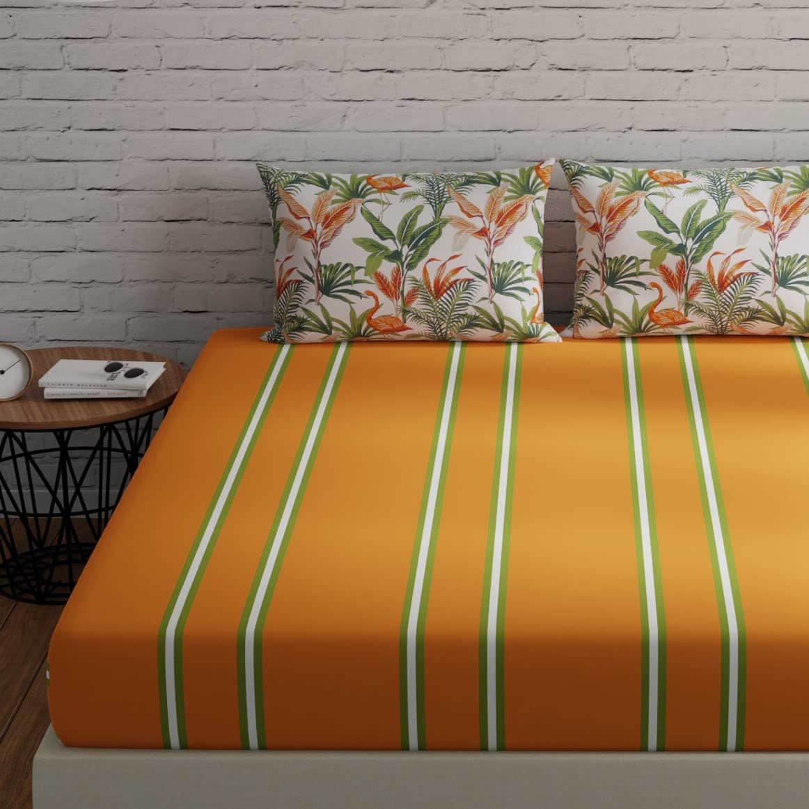 Huesland By Ahmedabad Cotton 144 Tc Double Bedsheet Cotton Queen Size With 2 Pillow Covers | Stripes & Flamingos Orange & Green