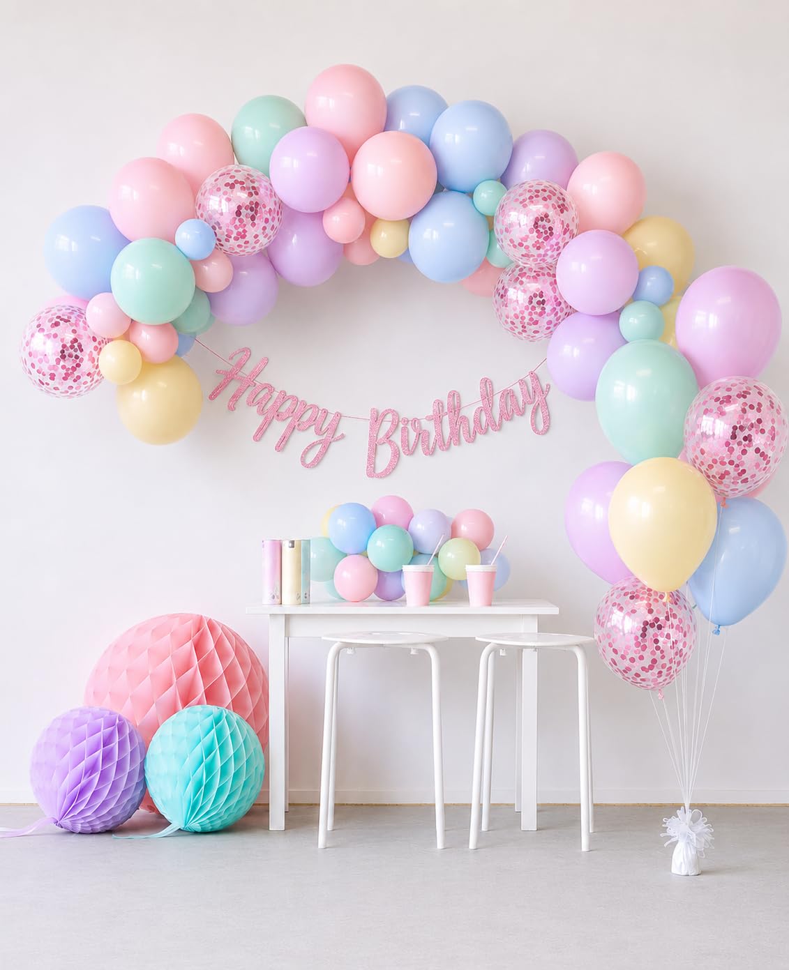 Pastel Birthday Decoration Kit with Balloon Arch Garland & Banner
