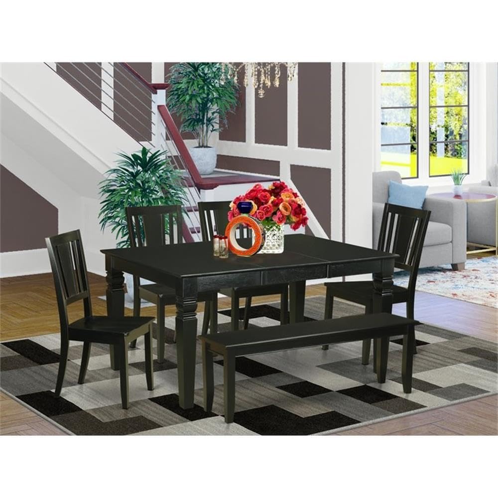 East West Furniture WEDU6D-BLK-W 6 Piece Dining Table Set Contains a Rectangle Wooden Table with Butterfly Leaf and 4 Dining Room Chairs with a Bench, 42x60 Inch, Black