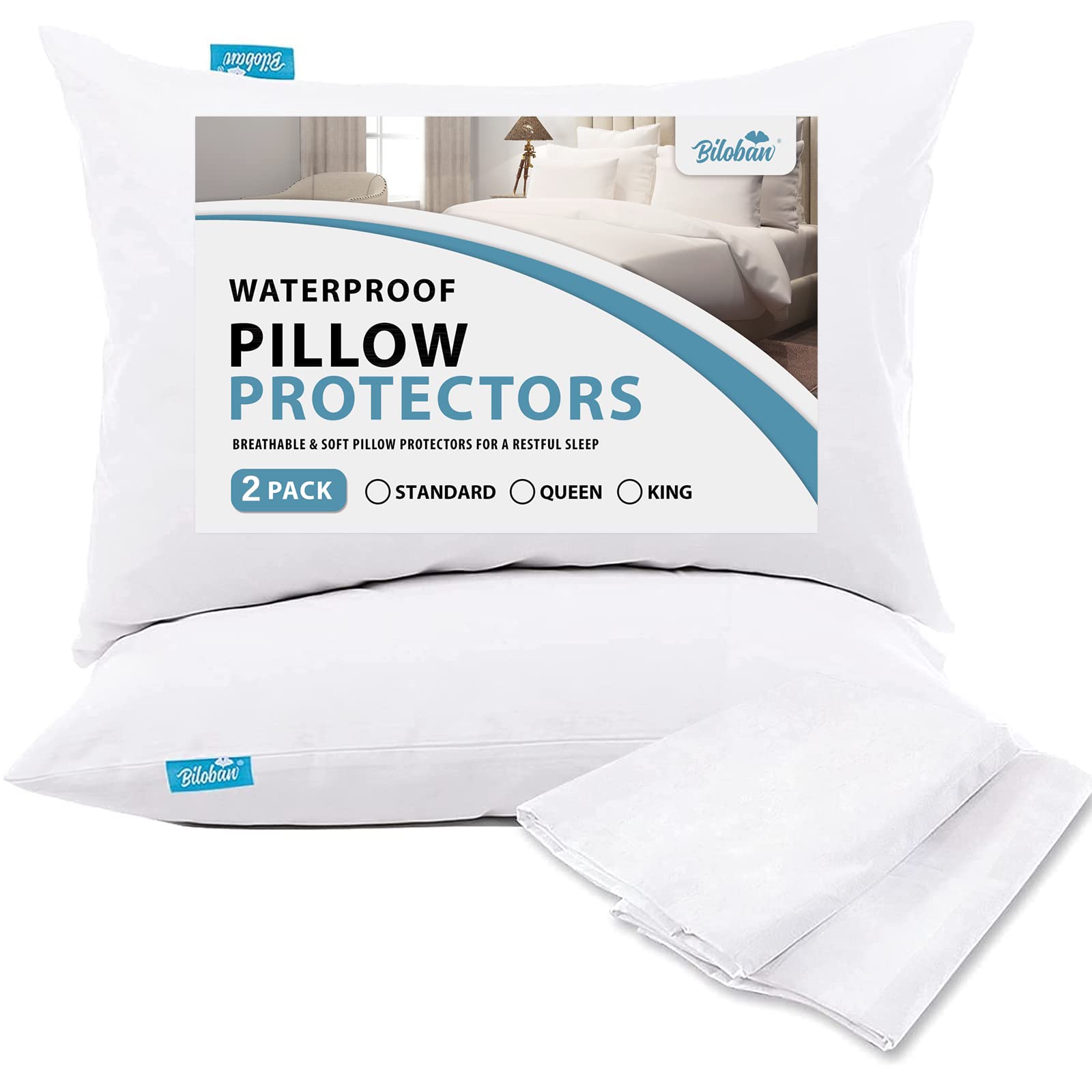 Waterproof Pillow Protector 2 Pack Queen Size Noiseless & Breathable & Soft & Machine Washable Full Encasement Pillow Protector