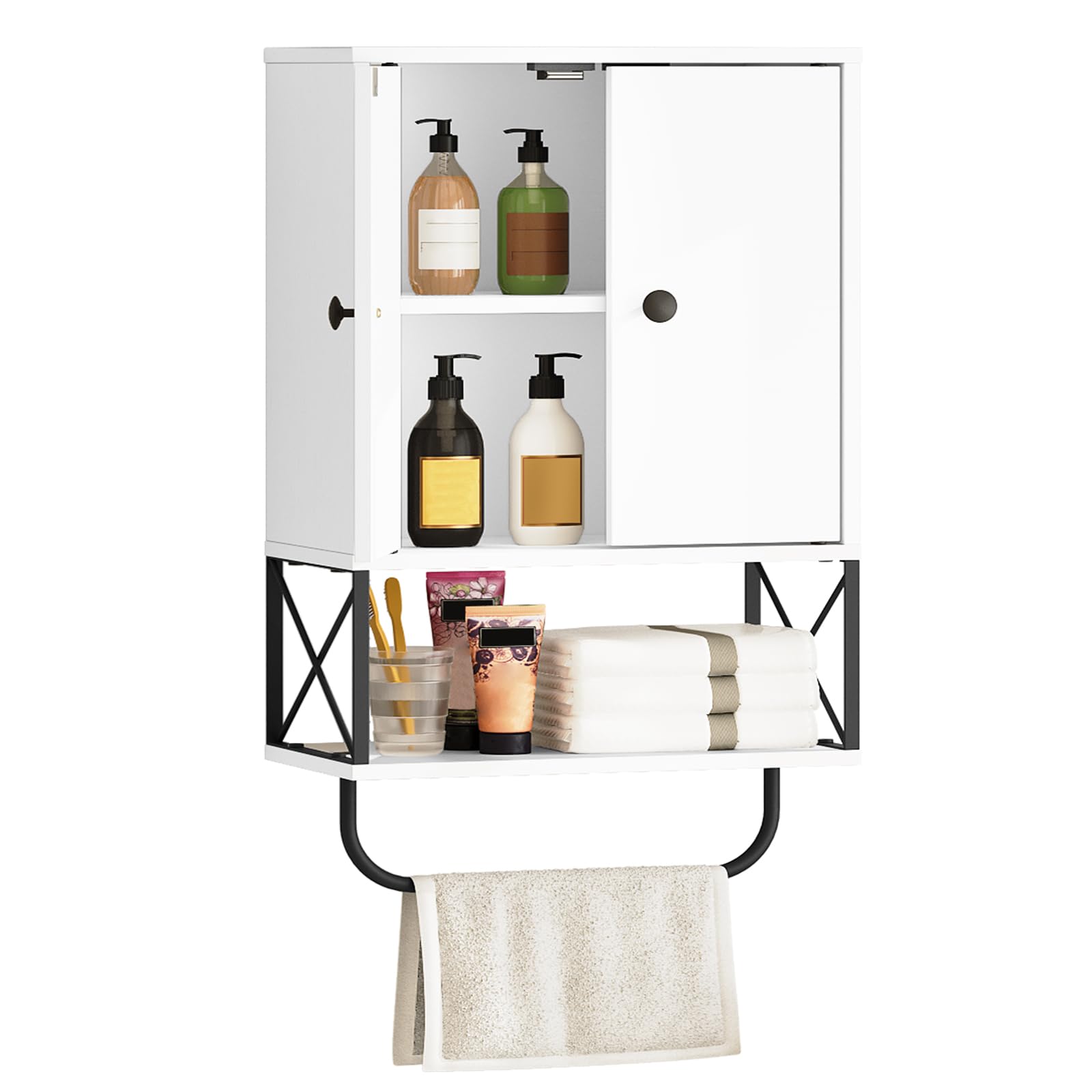 MAHANCRIS Bathroom Wall Cabinet with 2 Door and Adjustable Shelves, Farmhouse Medicine Cabinet with Towel Rack, 3-Tier Wall Moun
