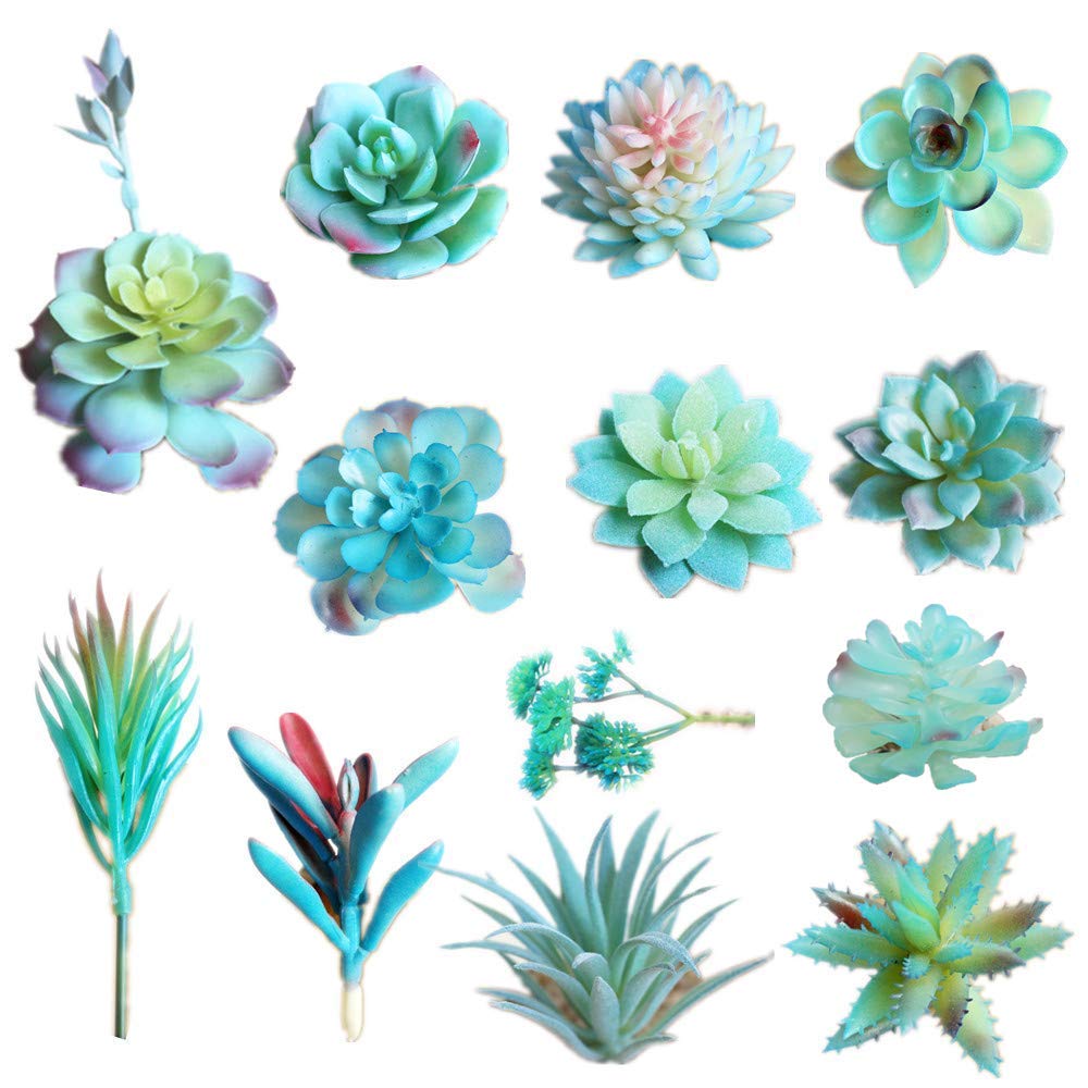 13PCS Assorted Blue Artificial Succulent Plants Faux Fake Succulents Textured Cactus Stems Cacti Aloe Succulent In Different Art