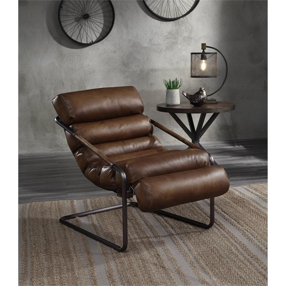 Acme Dolgren Leather Upholstered Accent Chair in Sahara and Matt Iron