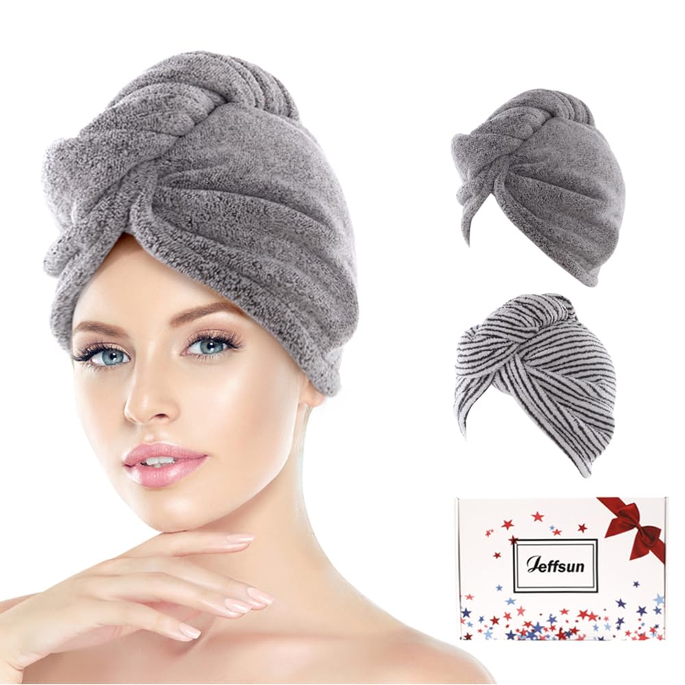 JEFFSUN Microfiber Hair Towel Wrap for Women Girls, 2 Pack Super Absorbent Quick Drying Head Wraps Turban for Curly Long Thick F