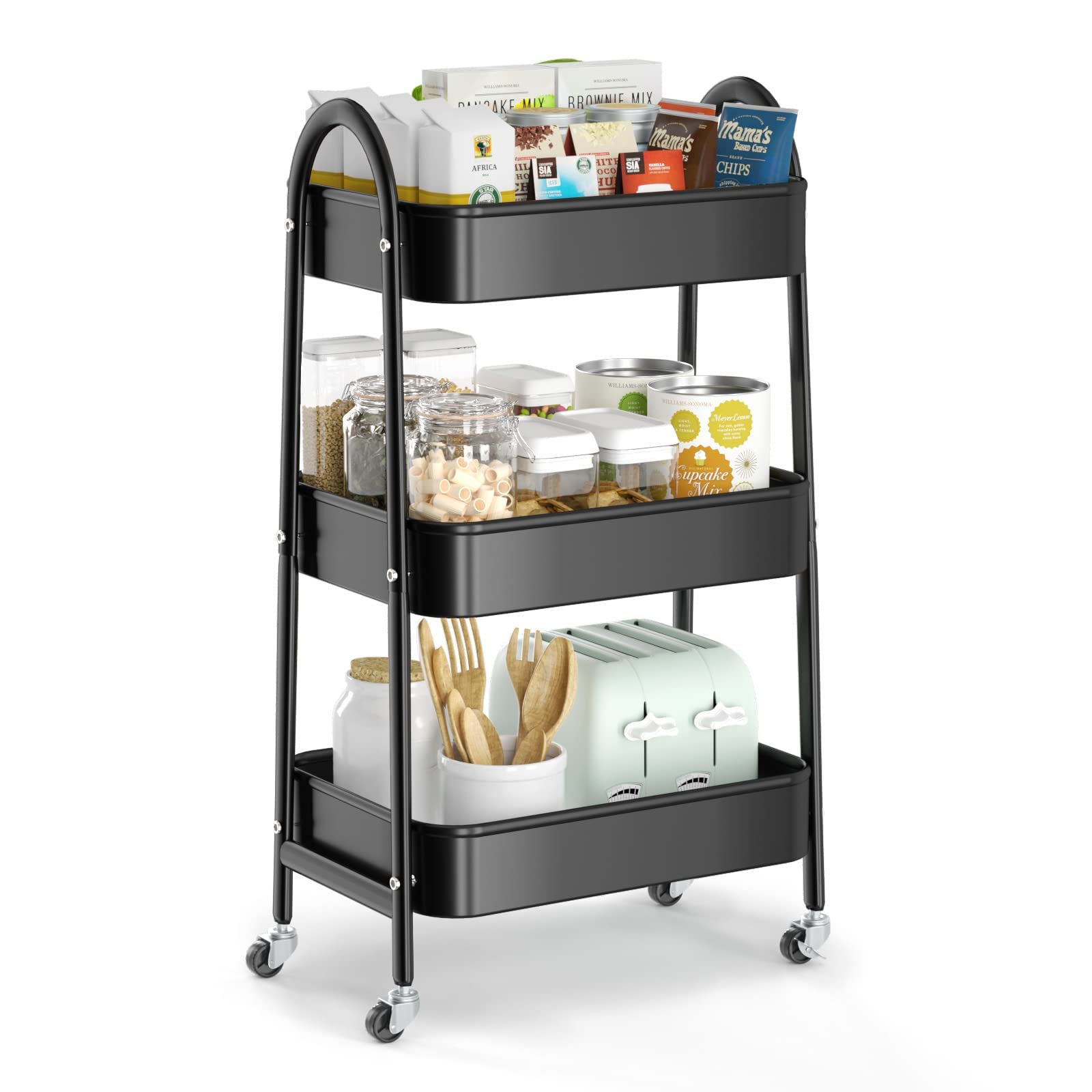 EAGMAK 3 Tier Utility Rolling Cart, Metal Storage Cart with Handle and Lockable Wheels, Multifunctional Storage Organizer Trolle