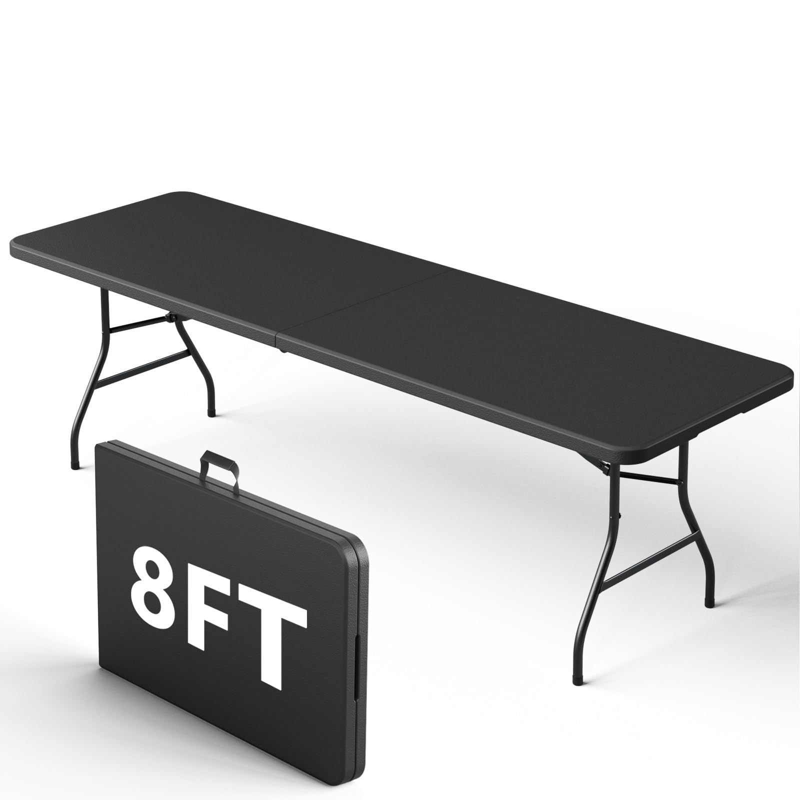 MAKE CHANGES 8FT Folding Table, Heavy Duty Plastic Fold-in-Half Utility Table with Handle, Portable Camping Picnic Table with St