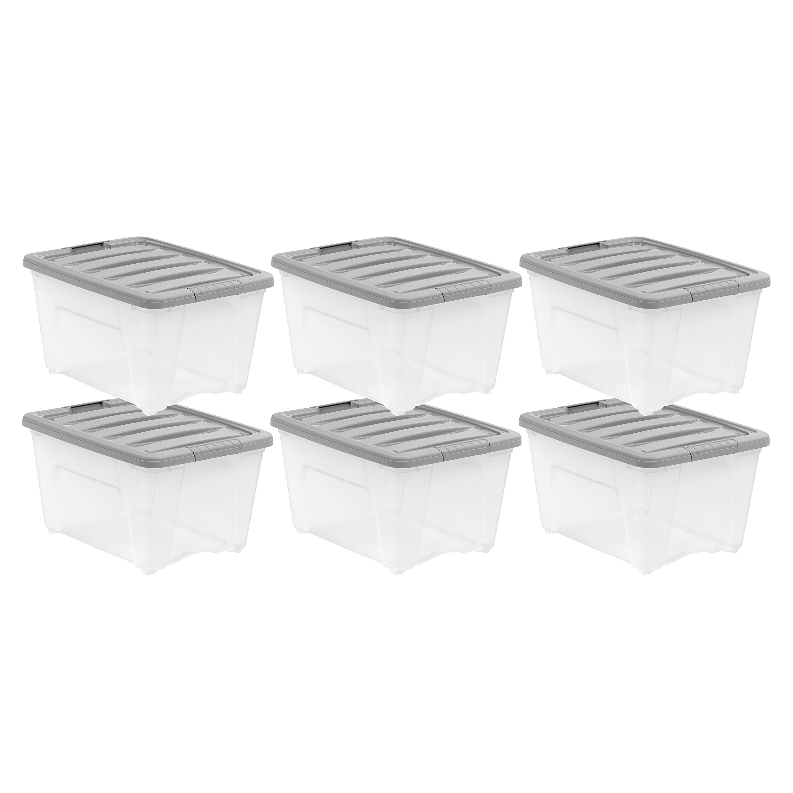 Amazon Basics Plastic Storage Bins with Lids, Stackable, 32 Quart, Clear/Grey, Set of 6