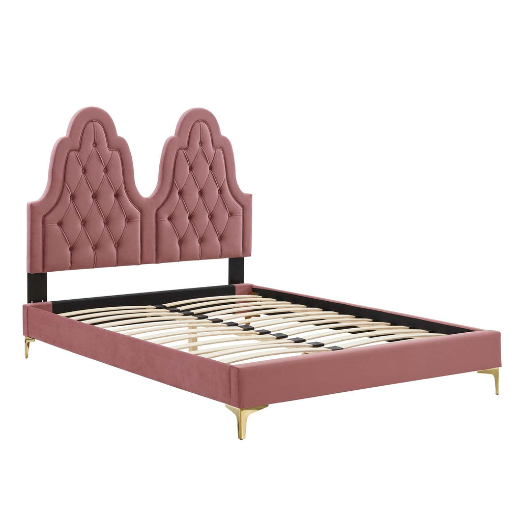 Modway Alexandria Tufted Performance Velvet Platform Bed with Gold Legs, Twin, Dusty Rose