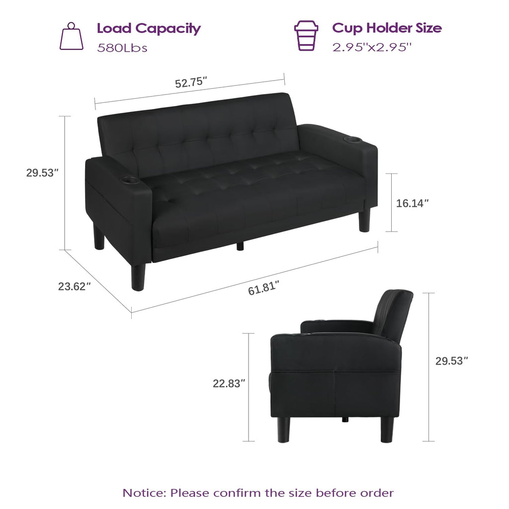 Tyboatle 62 Inch Linen Upholstered Tufted Mid-Century Modern Loveseat Sofa W/ 2 Usb Charger Ports And 2 Cupholders, Small Love Seat Couches For Living Room, Bedroom, Apartment, Dorm (Dark Grey)
