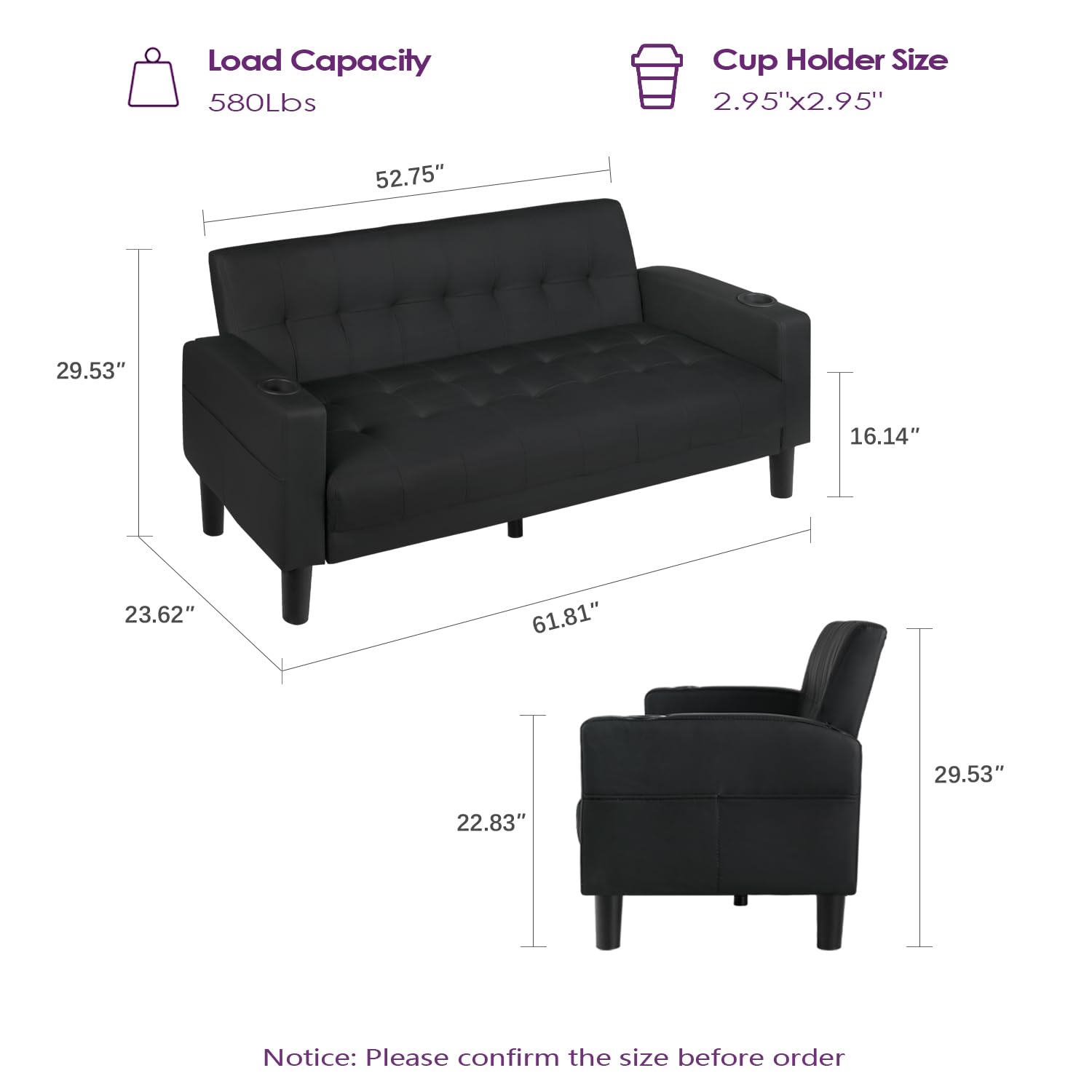 Tyboatle 62 Inch Linen Upholstered Tufted Mid-Century Modern Loveseat Sofa W/ 2 Usb Charger Ports And 2 Cupholders, Small Love Seat Couches For Living Room, Bedroom, Apartment, Dorm (Dark Grey)