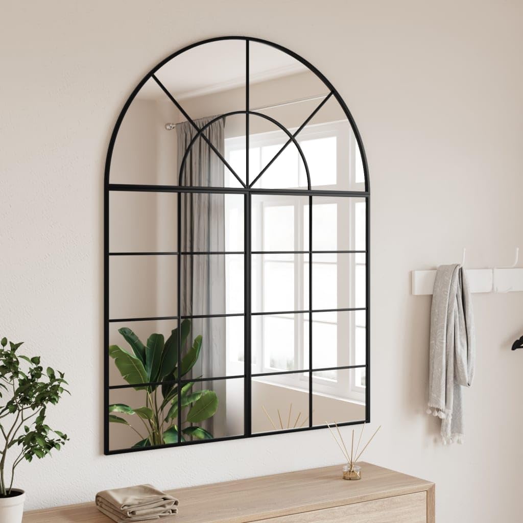 Vidaxl Wall Mirror - Decorative Black Arch Iron Framed, Clear Glass Reflective Surface, Perfect For Bedroom, Bathroom, Living Room, Hallway
