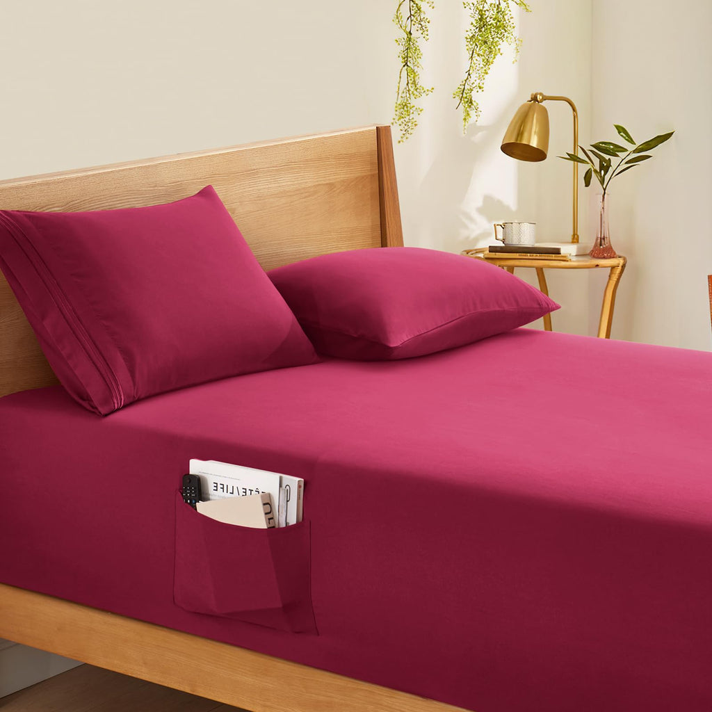 Horbaunal Extra Deep Pocket Full Fitted Sheet Only - Fits Up To 24 Inch Mattress - Luxury 1800 Thread Count - Microfiber Burgund