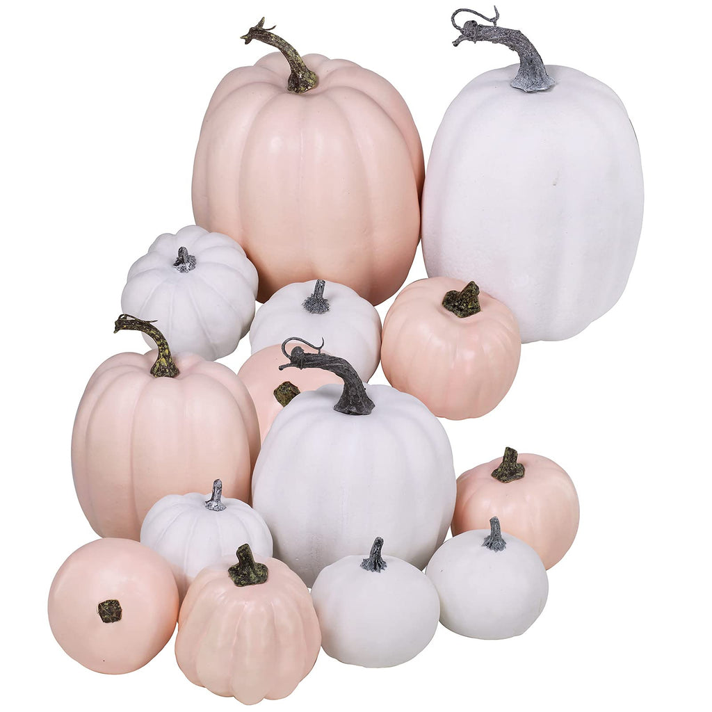 14 Pcs Assorted Harvest Artificial White And Pink Pumpkins Decorative Pumpkins Faux Foam Pumpkins For Farmhouse Fall Halloween H