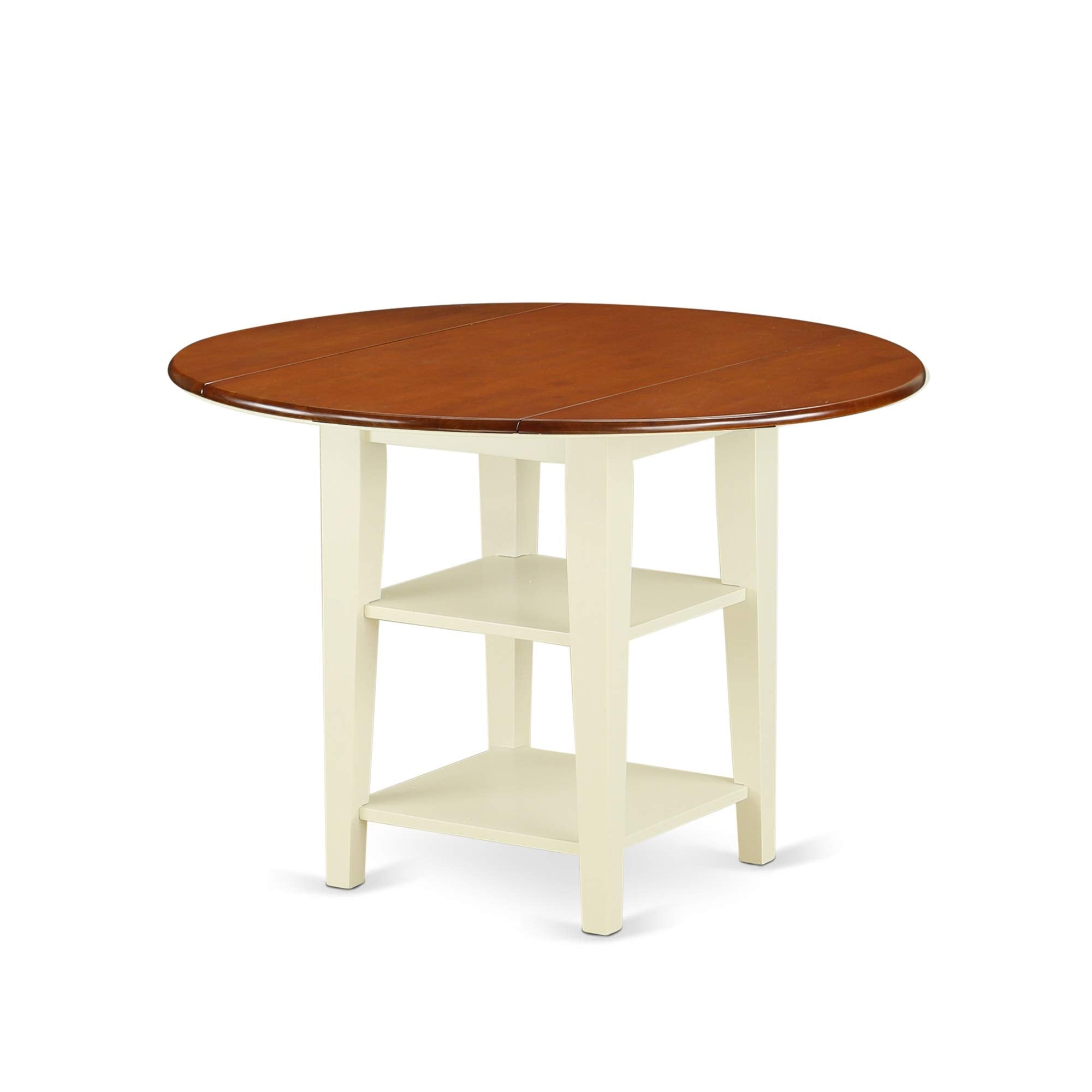 East West Furniture SUPL5-BMK-C 5 Piece Dining Room Furniture Set Includes a Round Kitchen Table with Dropleaf & Shelves and 4 Linen Fabric Upholstered Chairs, 42x42 Inch, Buttermilk & Cherry