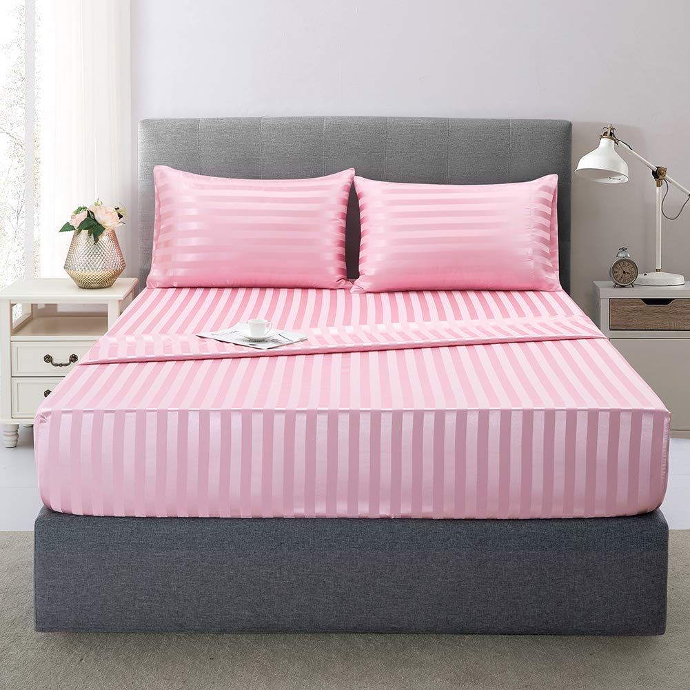Satin-Silk Sheets Queen Size Bed Set, Pink Soft Cooling Deep Pocket Queen Sheets, Hypoallergenic, Wrinkle And Fade Resistant Bed