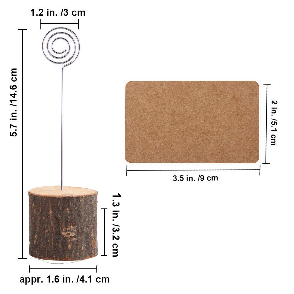 Toncoo 10Pcs Premium Wood Place Card Holders With Swirl Wire And 20 Pcs Kraft Place Cards, Rustic Wood Table Number Holders Stan