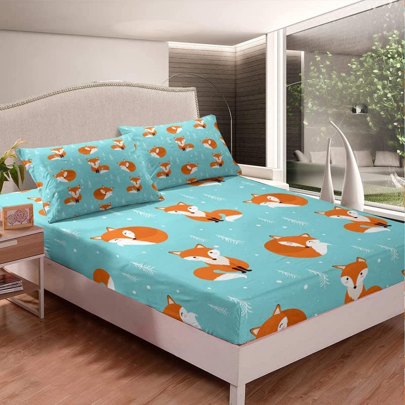 Kids Bed Sheets King Size Cute Fox Print Bed Sheet Set For Boys Girls Bedroom Cartoon Kawaii Decor Woodland Fox Wild Animal Bedding Set Children Toddler Fitted Sheet + Flat Sheet + 2 Pillow Case