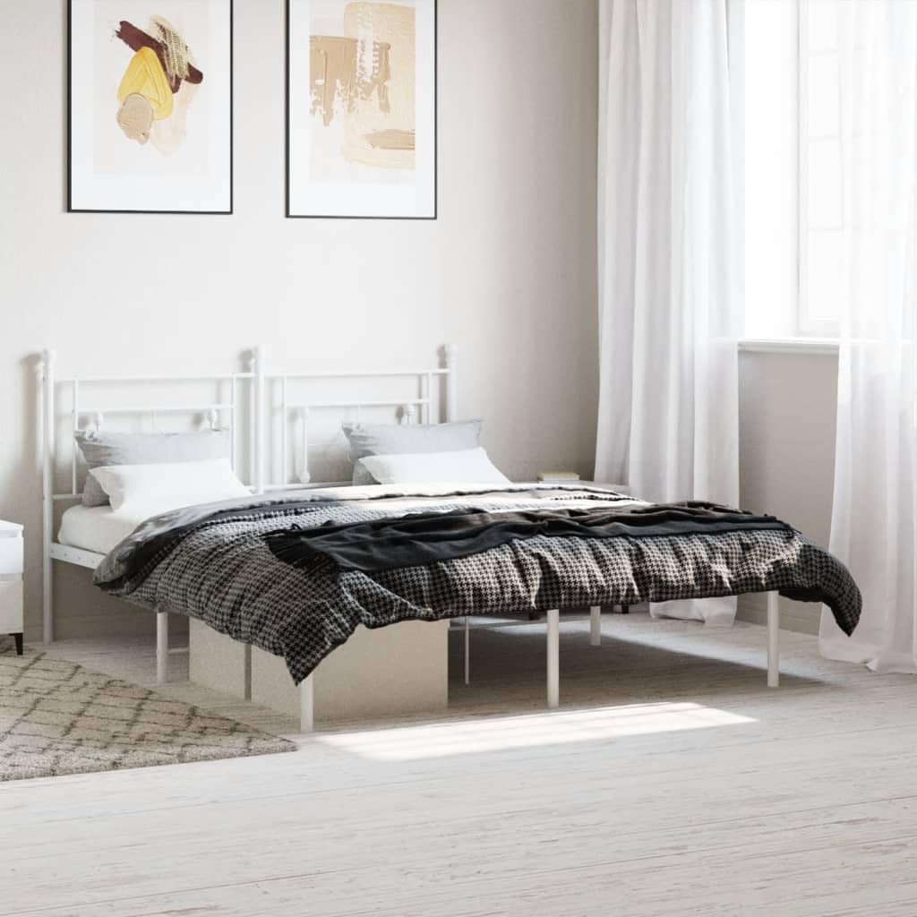 vidaXL 12'' Metal Queen Bed Frames with Headboard, Platform Bed Frame with Strong Metal Slats Support, Under Bed Storage, Noise Free, White, Without Mattress