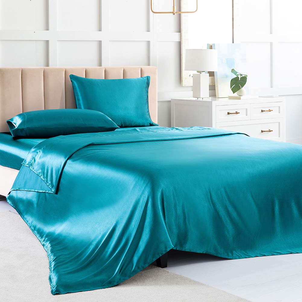 Satin Bed Sheets California King Size Sheets Set, Teal Silk Sheets, 4 - Pieces Soft Bedding Set With 1 Deep Pocket Fitted Sheet,