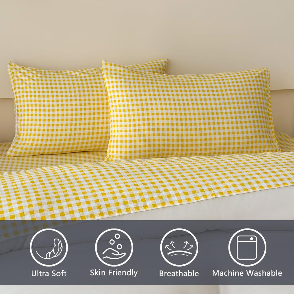 Nsnlgsgc Yellow Gingham Full Sheet Set, Soft Brushed Microfiber Plaid Full Bed Sheets, 4-Pieces Grid Sheet Set With Deep Pocket
