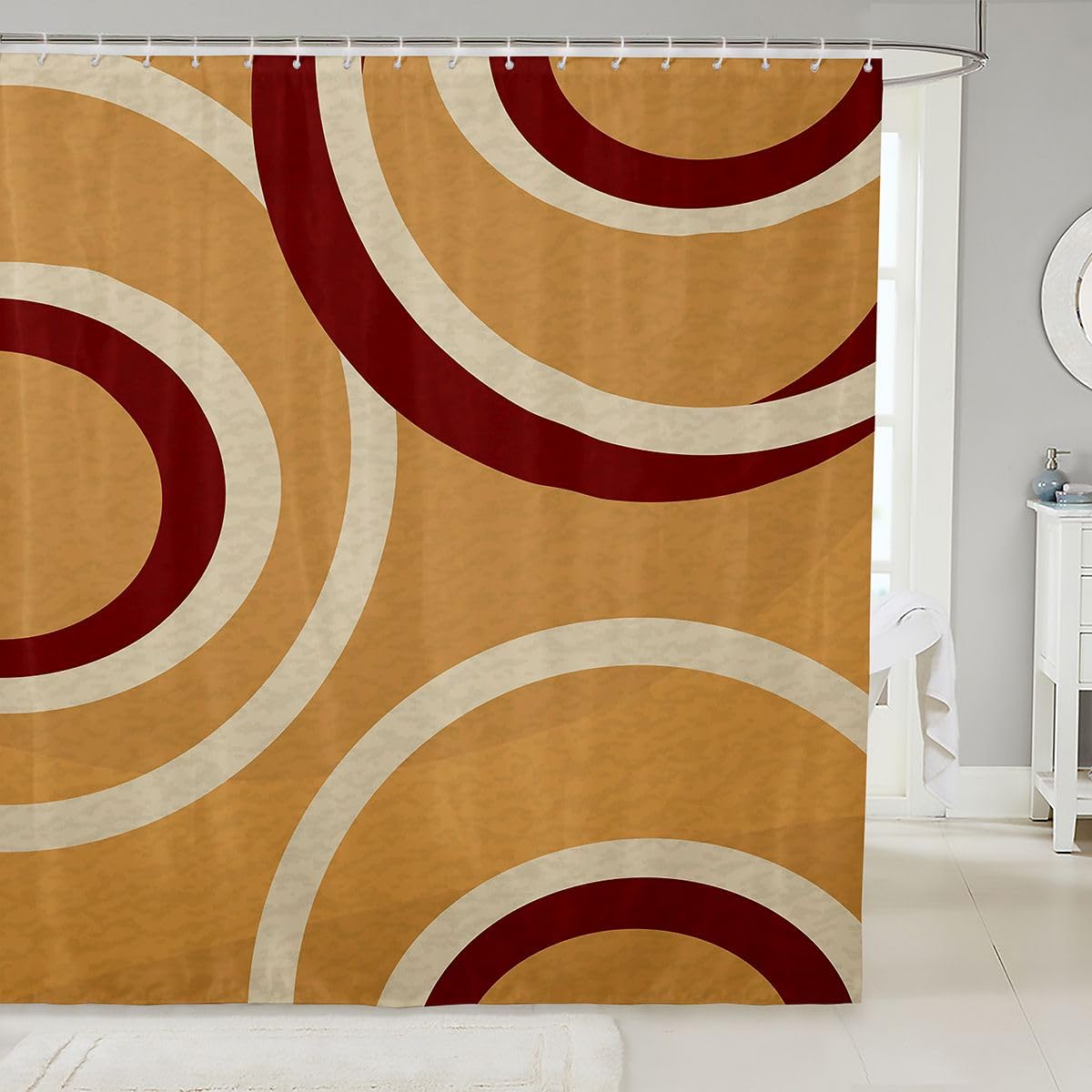 Erosebridal Retro Swirl Bathroom Accessories Mustard Yellow Burgundy Red Geometric Shower Curtain Modern Minimalism Bathroom Cur