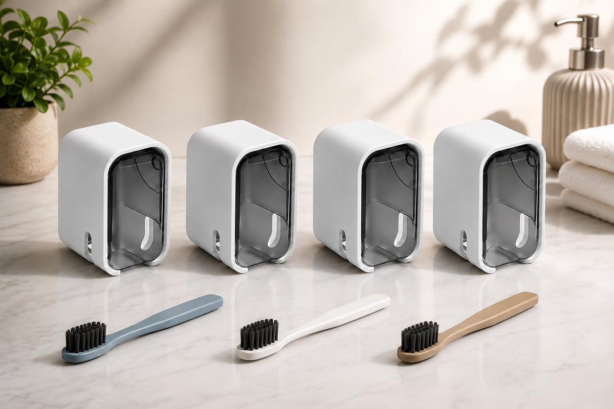 4Pcs Wall Mount Toothbrush Holder Bathroom, Dustproof Clear Window Cover