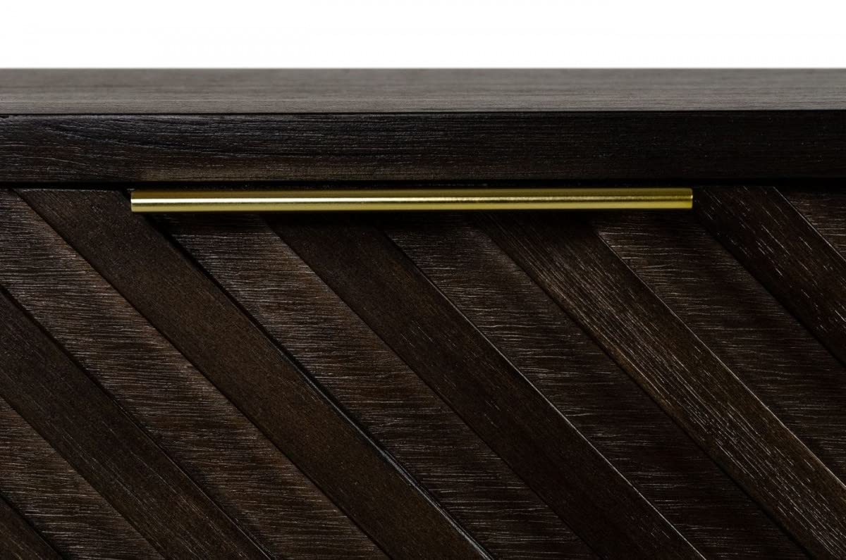 HomeRoots Acacia Veneer, Solid Wood, Steel Classic Chevron Dark Brown Nightstand with Two Drawers