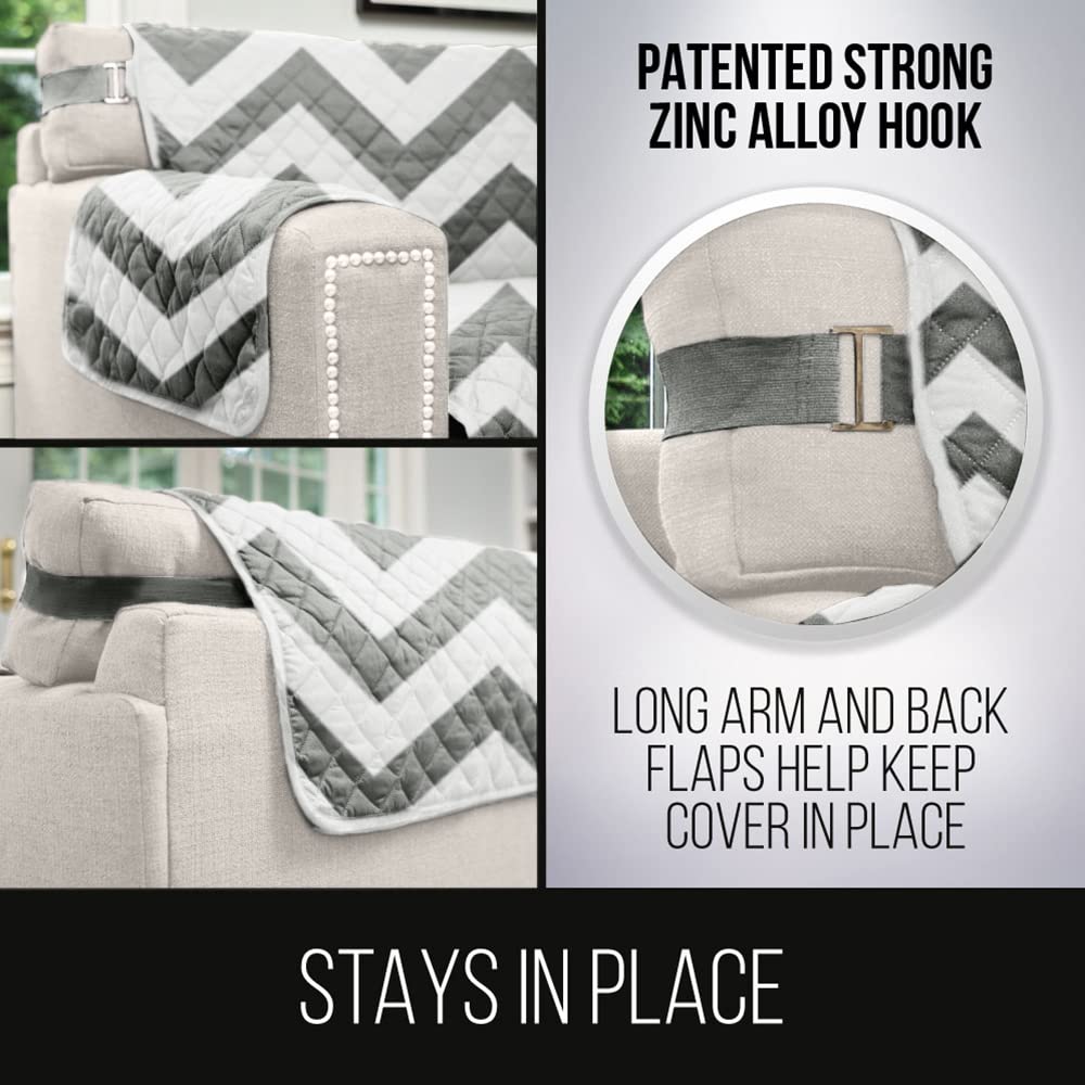 Sofa Shield Patented Couch Slip Cover, Large Cushion Protector, Reversible Stain And Dog Tear Resistant Slipcover, Quilted Microfiber 62” Seat, Washable Covers For Dogs Pets Kids, Chevron Gray