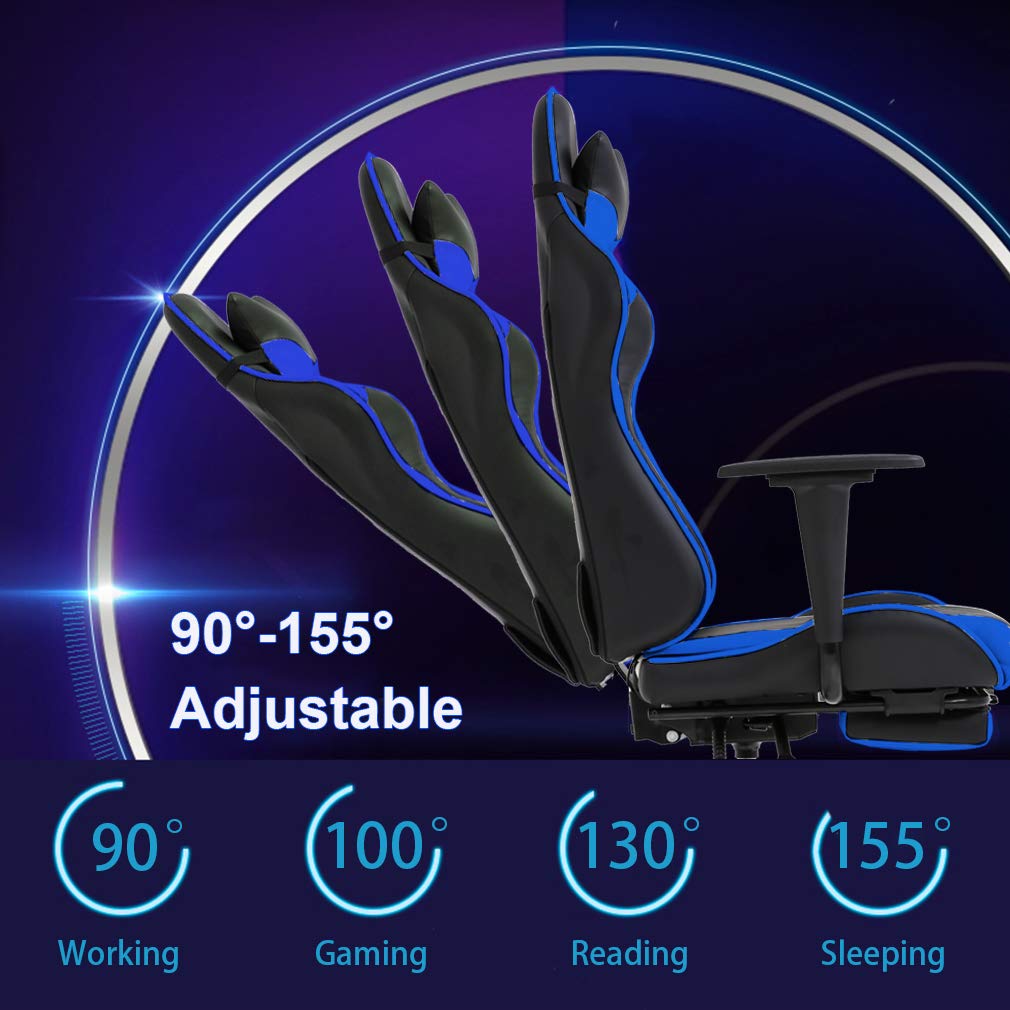 Bestoffice Gaming Chair With Footrest,Ergonomic Office Chair,Adjustable Swivel Desk Chair,Reclining Computer Lumbar Support And Headrest,Racing Style Video Gamer (Blue)