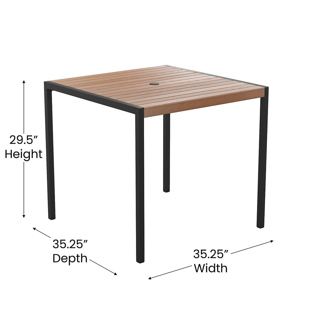 Flash Furniture Lark Outdoor Steel Dining Table - Faux Teak Poly Slatted Top - Commercial Grade Dining Table with Black Frame - 35" Square - Umbrella Holder Hole