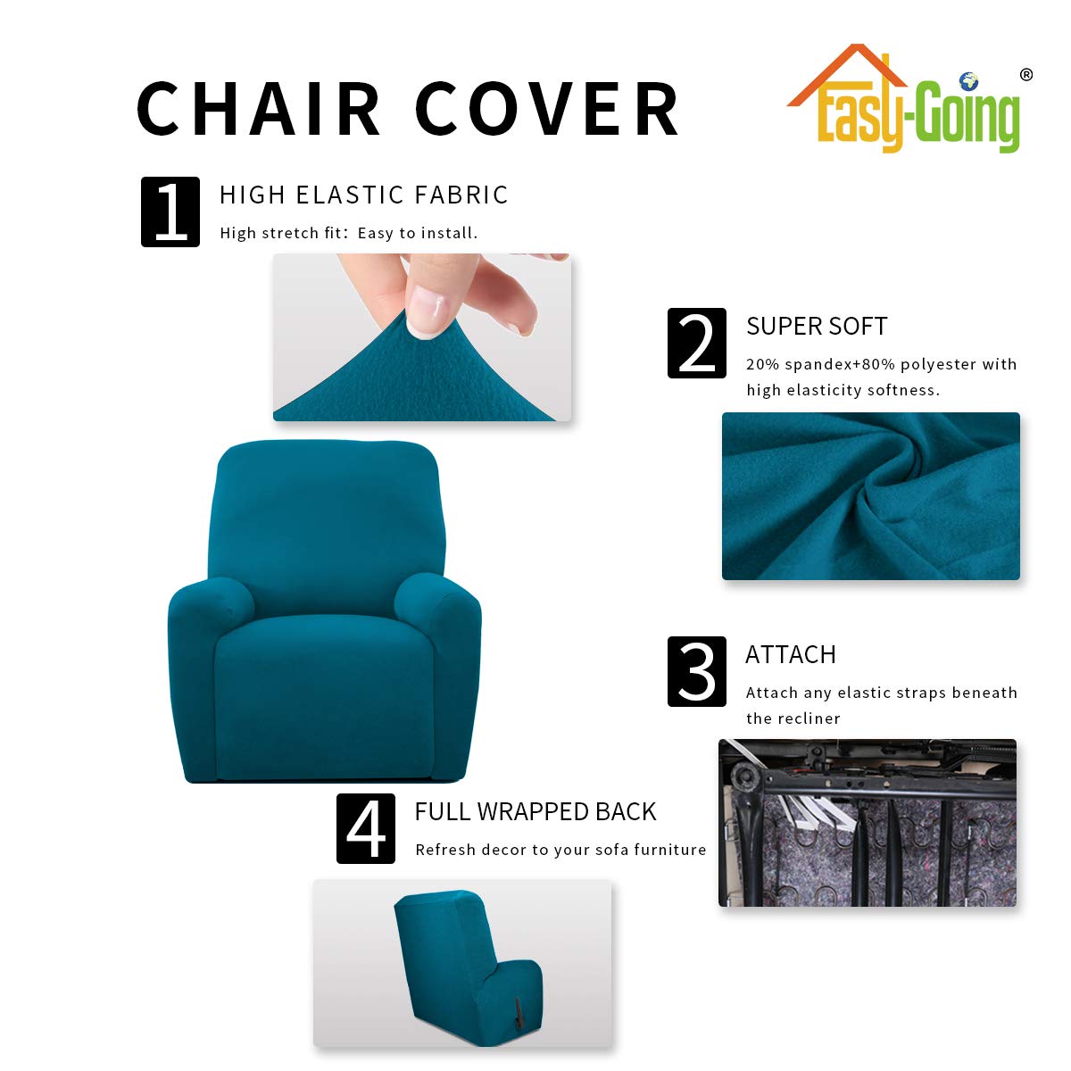Easy-Going 4 Pieces Microfiber Stretch Recliner Slipcover - Spandex Soft Fitted Sofa Couch Cover, Washable Furniture Protector With Elastic Bottom For Kids, Pet(Recliner, Peacock Blue)