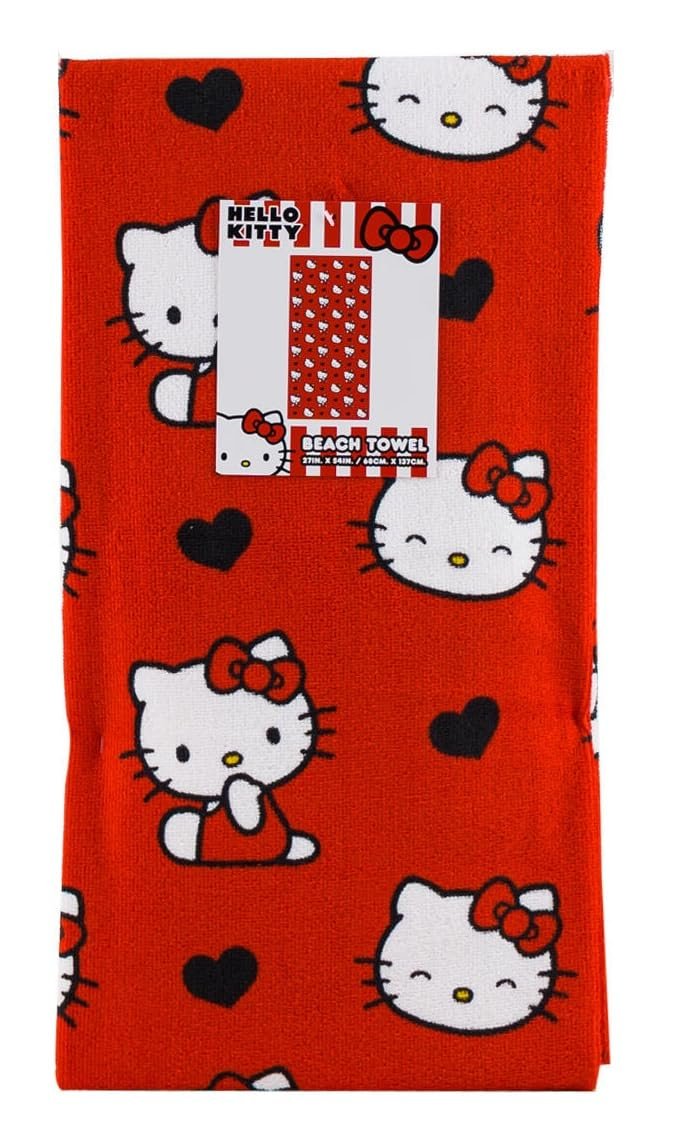 NORTHWEST Hello Kitty Beach Towel, All Over Print, Red, 27 x 54 inches