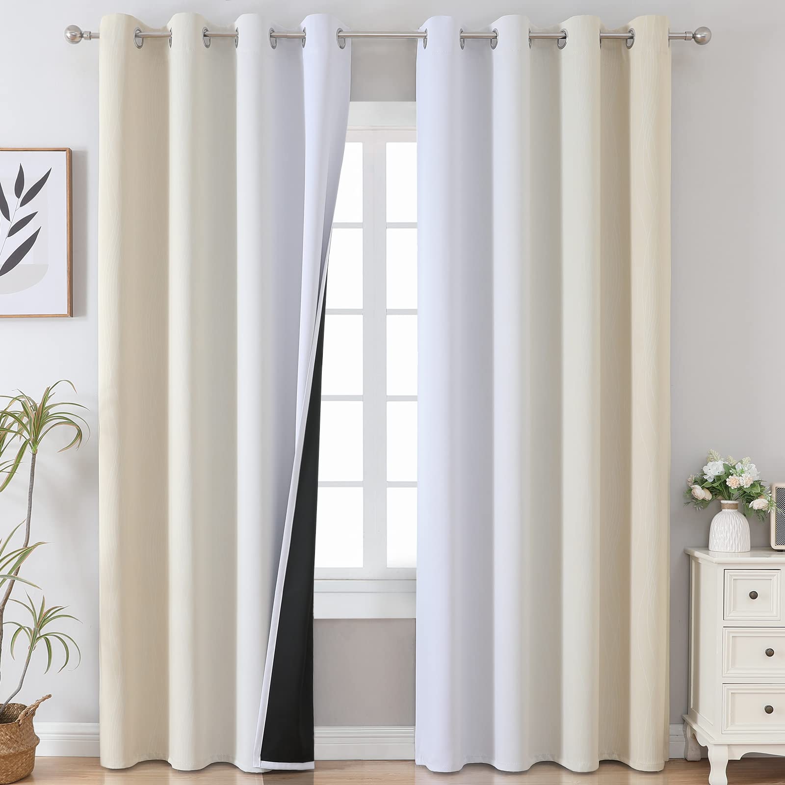 Estelar Textiler Ombre Greyish White And Beige Blackout Curtains & Drapes 96 Inch Length 2 Panels, Gradient Thermal Insulated Fu