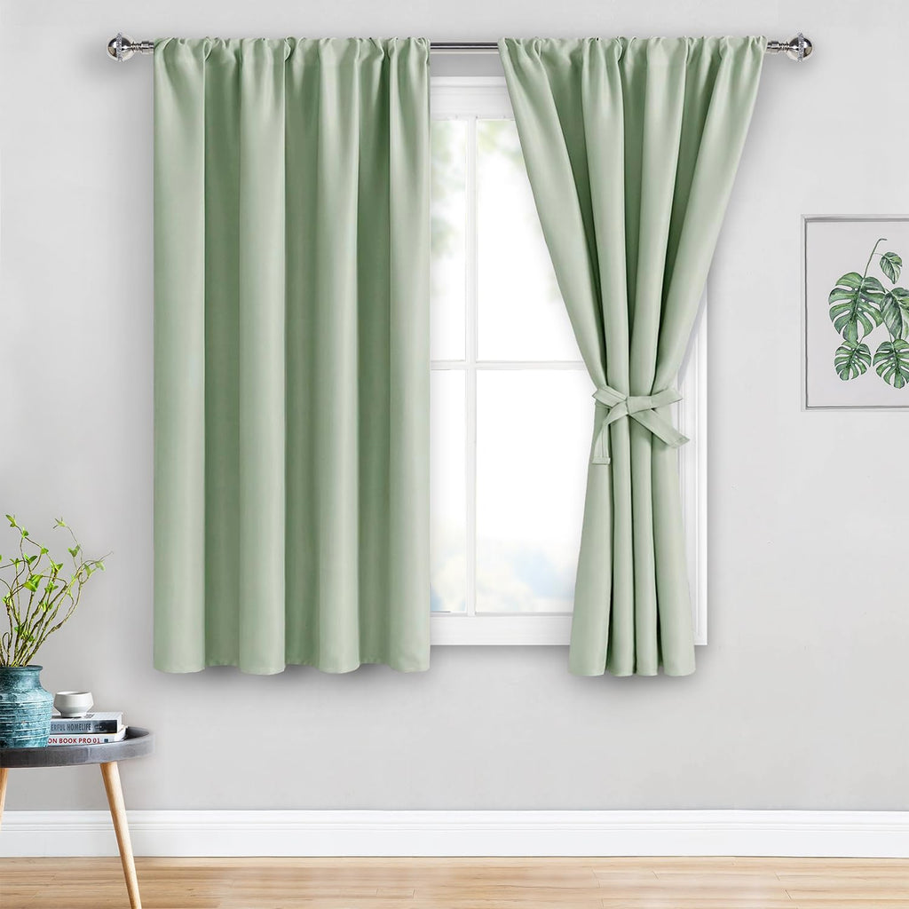 Jiuzhen Blackout Curtains For Bedroom– Thermal Insulated,Noise Reducing Room Darkening Privacy Rod Pocket Drapes For Living Room, Set Of 2 Panels With Tiebacks, 42 X 54 Inch Long, Light Green