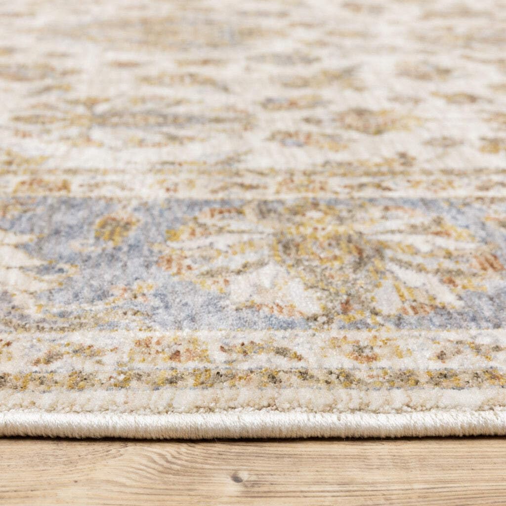 HomeRoots 509427 10 x 13 ft. Ivory & Blue Oriental Power Loom Stain Resistant Rectangle Area Rug with Fringe