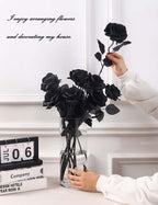 Laelfe 12 Pcs Artificial Flowers Black Roses, Fake Silk Flower Long Stem Artificial Black Rose For Halloween Home Wedding Party