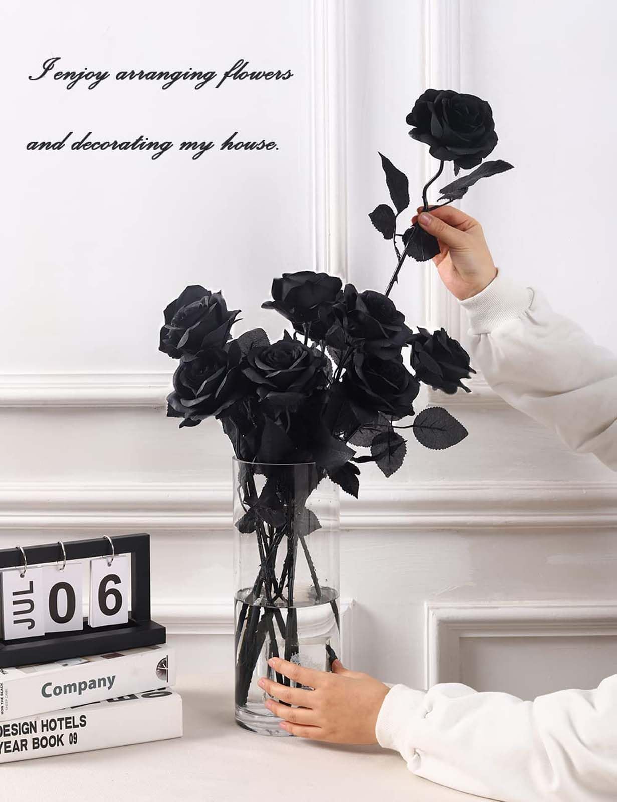 Laelfe 12 Pcs Artificial Flowers Black Roses, Fake Silk Flower Long Stem Artificial Black Rose For Halloween Home Wedding Party
