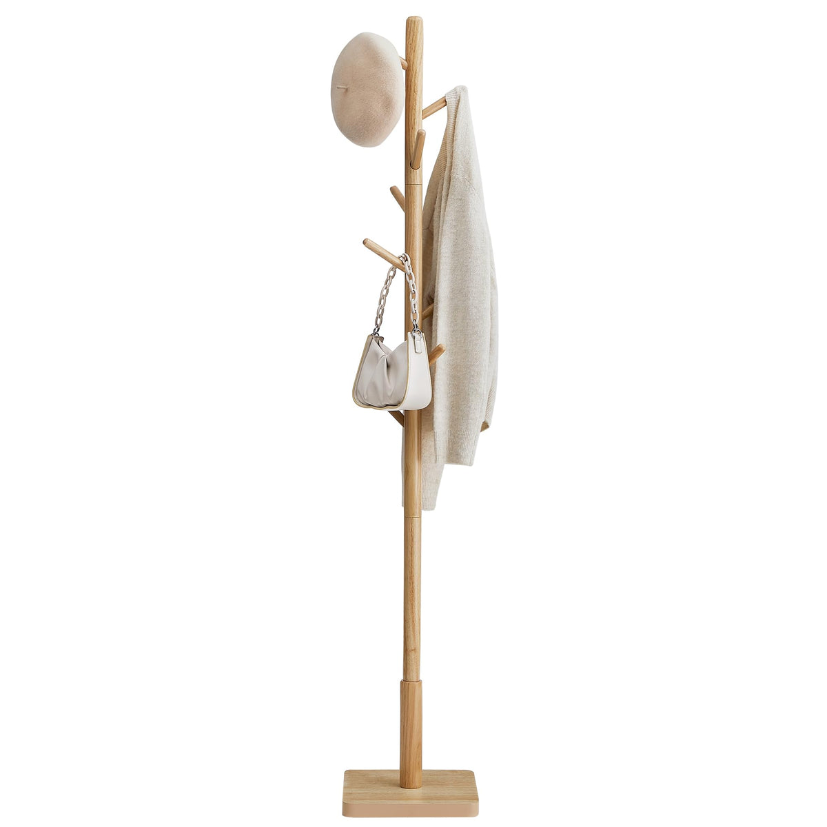 VASAGLE Coat Rack, Solid Wood Coat Stand, Freestanding Hall Tree, 8 Hooks, Natural Beige URCR010N01