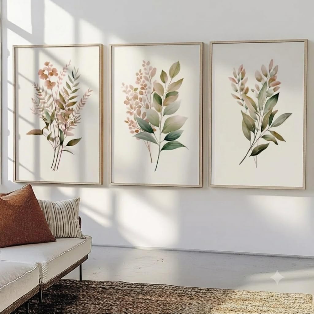 Vibbes Floral Abstract Framed Wall Art Set Of 3, Botanical Wall Decor, Watercolour Style (Large  20X14 Inches, White)