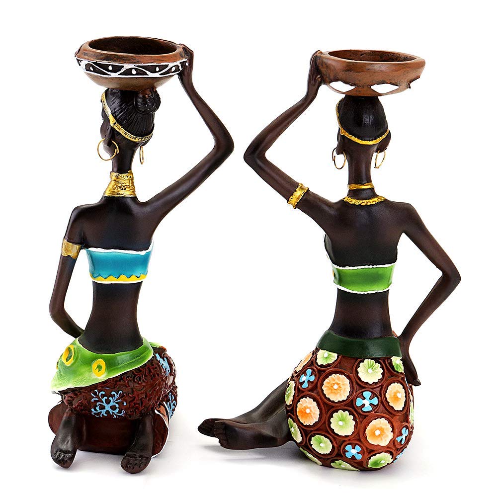 2 Pack African Women Sculpture,8.5In Black Tribal Lady Figure Figurine Candle Holder African American Women Statue Collectible A