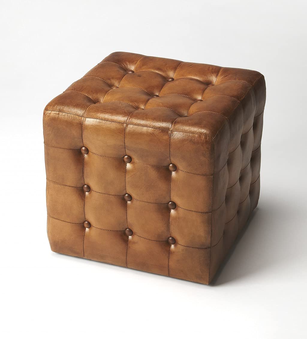 HomeRoots Medium Brown Leather, Foam, Plywood Stately Brown Leather Tufted Ottoman