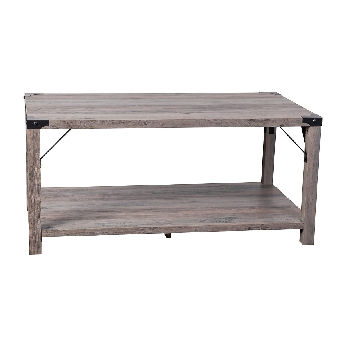 Flash Furniture Wyatt Modern Farmhouse 2 Tier Coffee Table - Gray Wash Engineered Wood Frame - Black Metal Crisscross Side Braces and Corner Accents