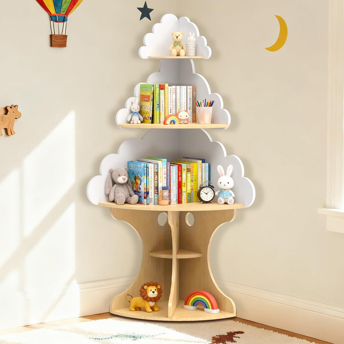 LAKNUAL Bookshelf for Kids, Children CloudBookshelf, SpaceSaving Montessori Toddler Corner Bookcase for Nursery, Classroom, Ki