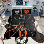 Microfiber Comforter Set with Basketball Court Print - Gray, Orange, White - Queen (90"x90")