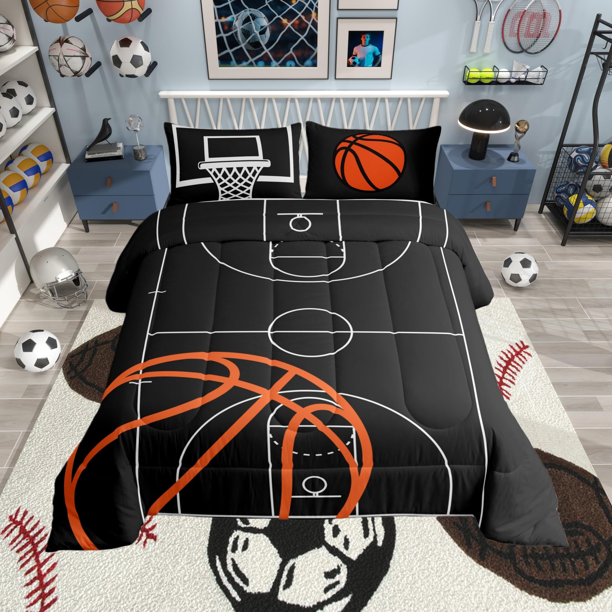 Microfiber Comforter Set with Basketball Court Print - Gray, Orange, White - Queen (90"x90")