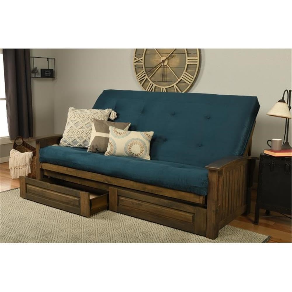 Kodiak Furniture Washington Queen Size Futon Frame with Storage Drawers - Wood Futon Frame with Mattress Included in Blue Color