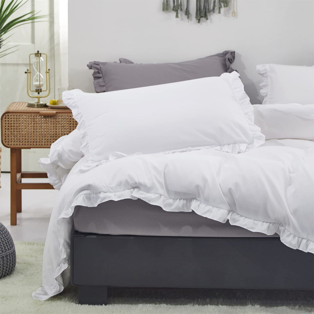 Clothknow White Comforter Set Queen White Ruffles Bedding Comforter Sets Boho Queen Comforter White Rustic Comforter Soft Shabby
