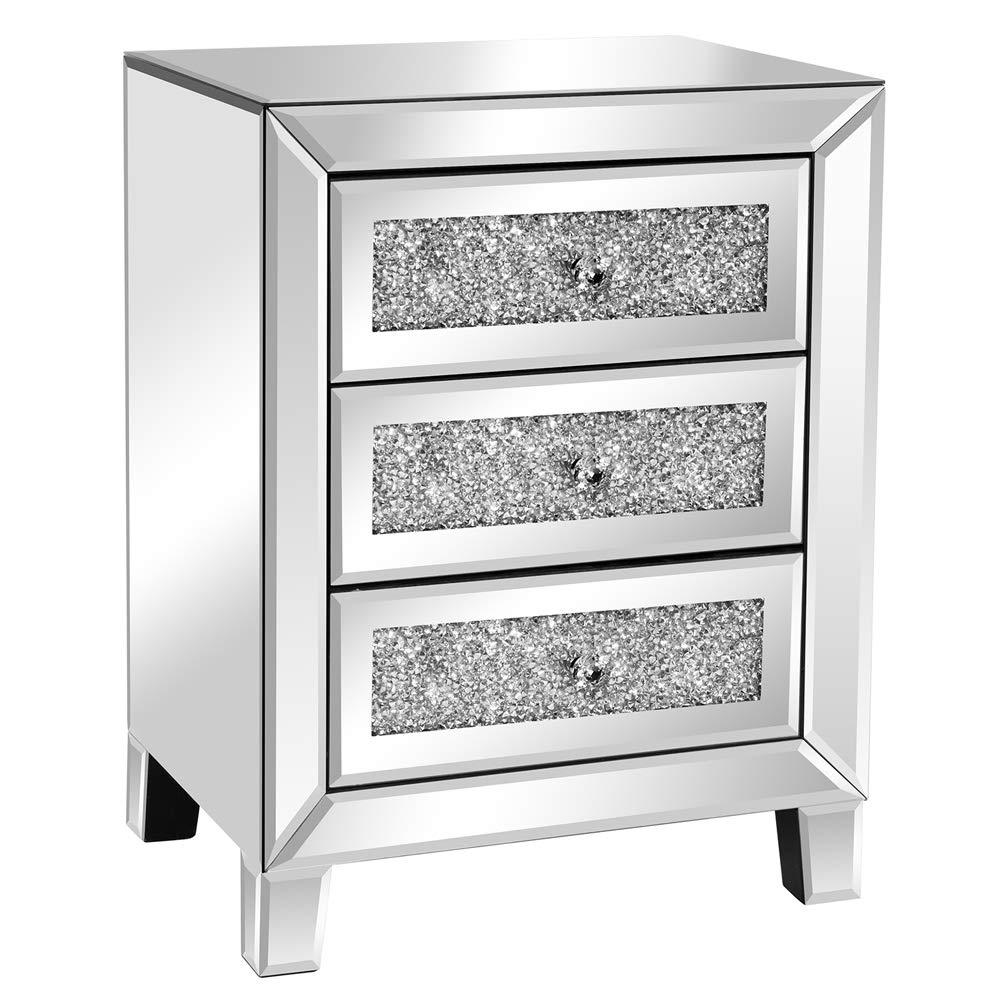 VINGLI Mirrored Nightstand with 3 Drawers Modern End Table Bed Side Table with Mirrored Finish, 17.72-inch W x 13.78-inch D x 23