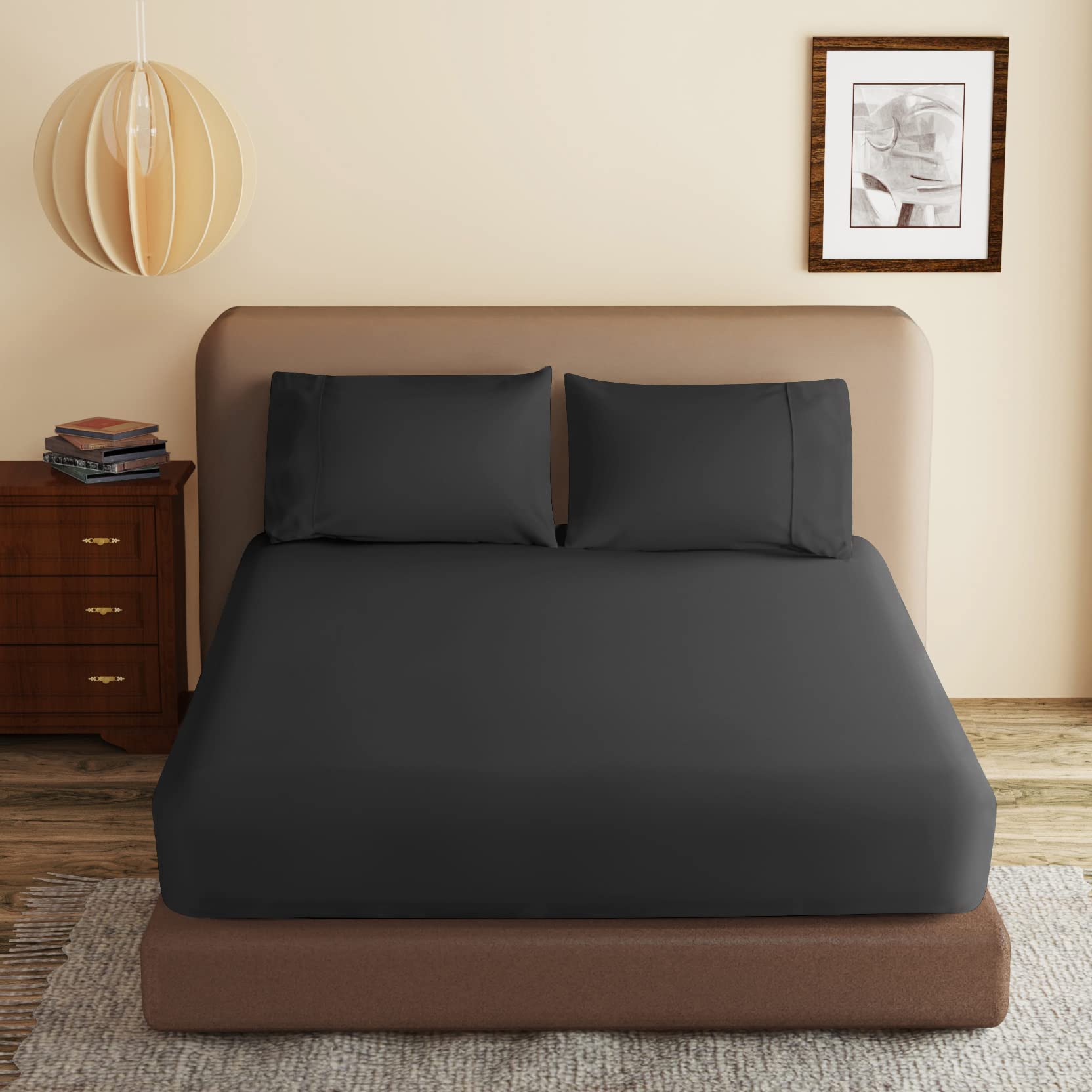100% Egyptian Cotton Fitted Sheet Black, 600 Thread Count, 8-16'' Deep Pocket Sheet, Soft & Elastic Sateen Weave Bottom Sheet Fo